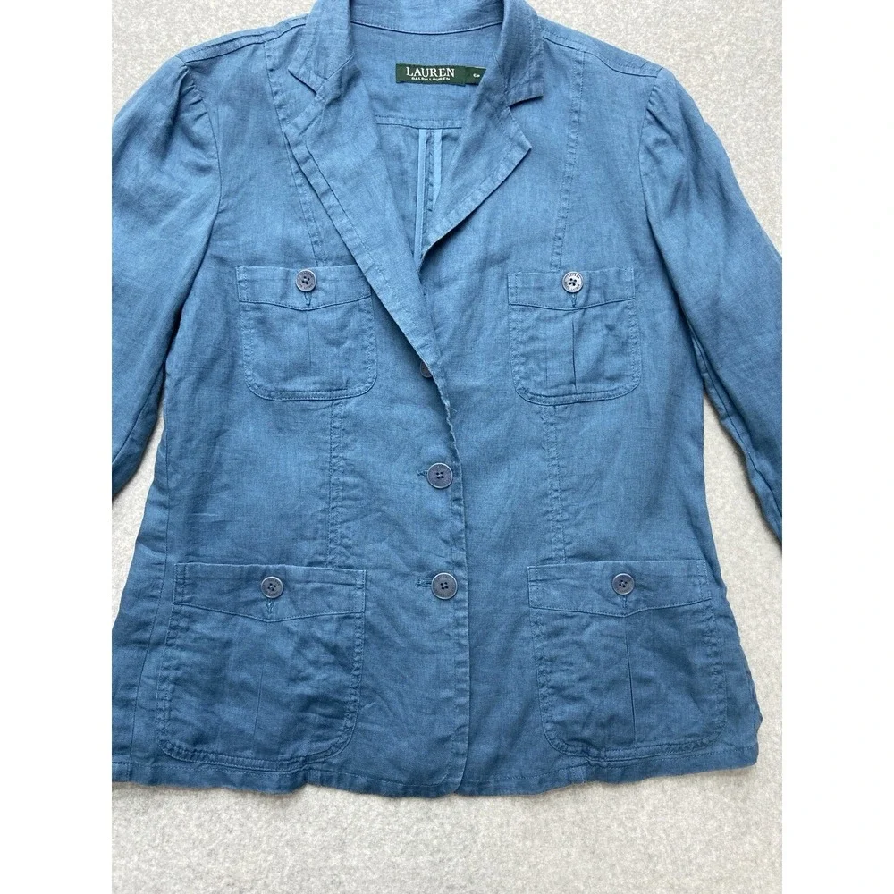 Lauren Ralph Lauren Blazer Womens 6P Blue 100%‎ Linen Utility Safari Jacket